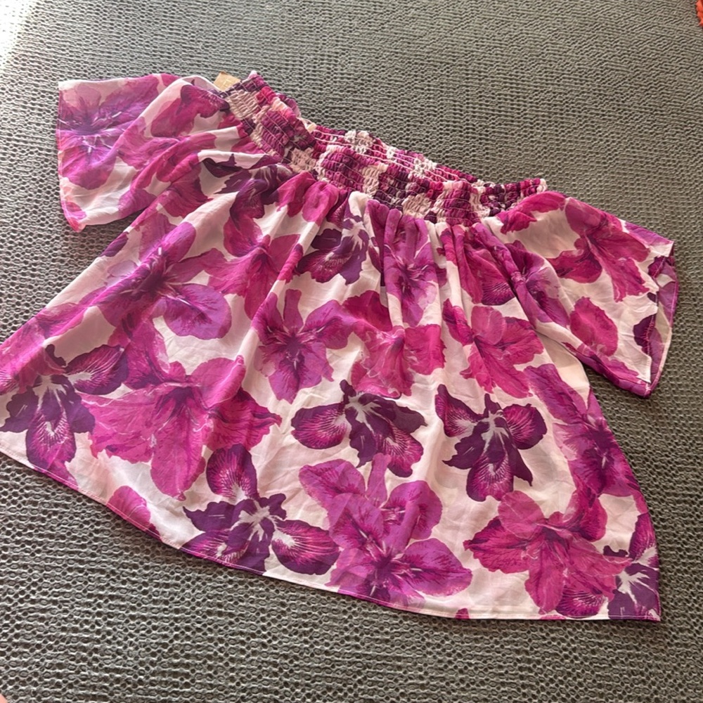NWT Rachel Roy Womens Floral Chiffon Knit Off Shoulder Blouse, Purple, Large